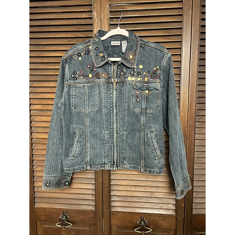 CHICOS Denim Jacket with Embroidered Accents (Size 2)